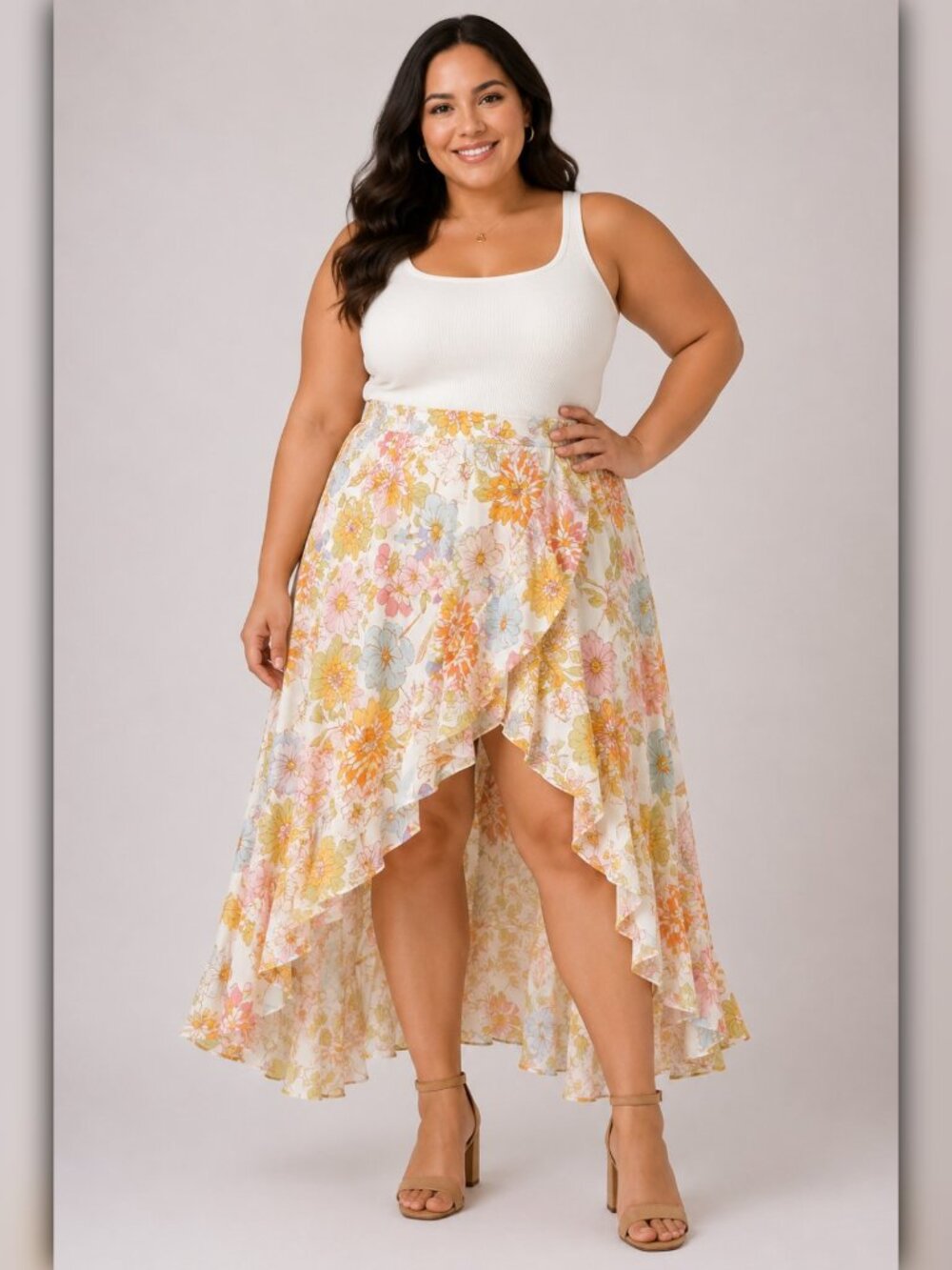 A286 • Yellow Floral High Low Ruffle Midi Skirt